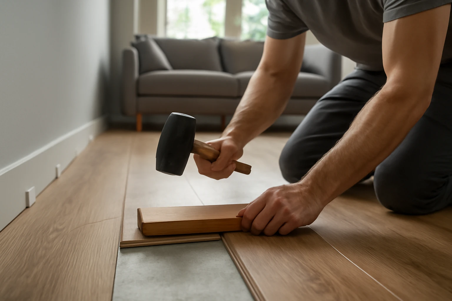 Click-lock LVT planks being installed in a living room with a tapping block, mallet, and visible expansion gap spacers.