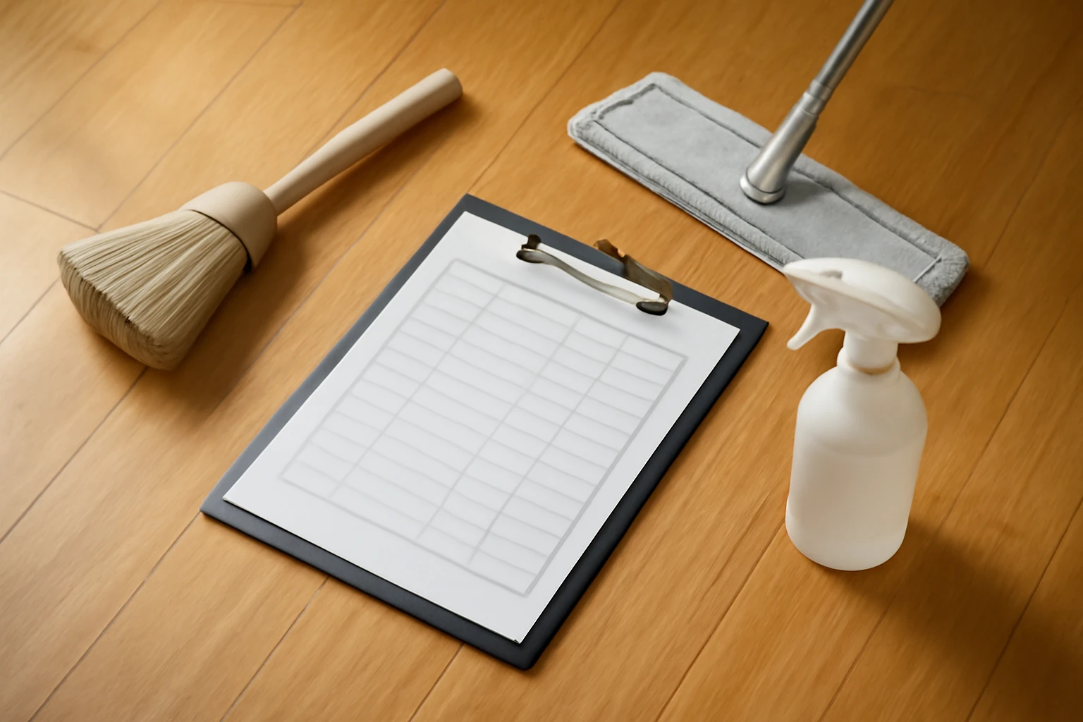 Compact cleaning chart on a clipboard placed on honey-toned bamboo flooring next to a soft broom and microfiber mop