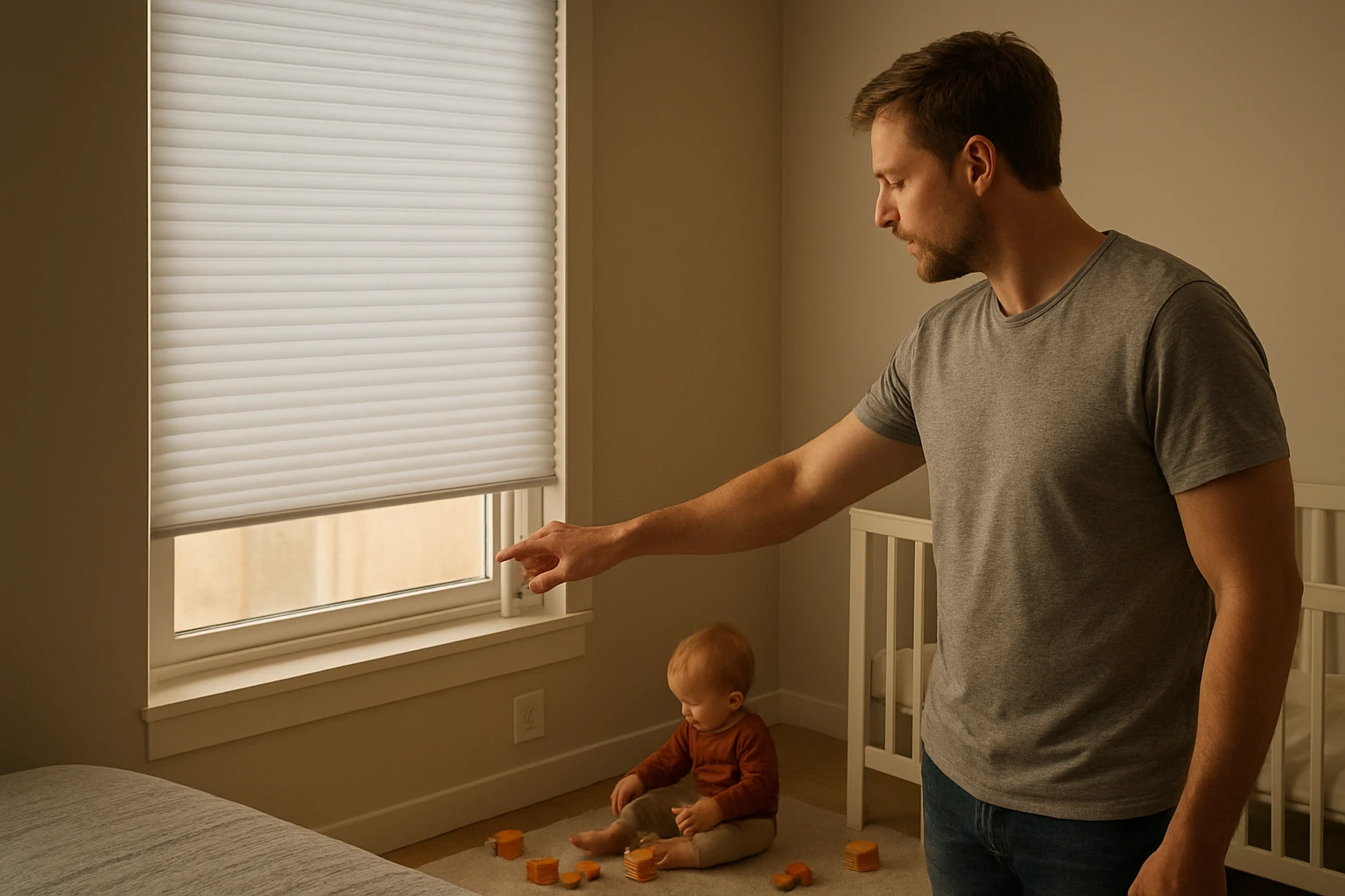 Cordless cellular blinds fully lowered in a family bedroom with a parent using a bedside motorized control panel while a todd
