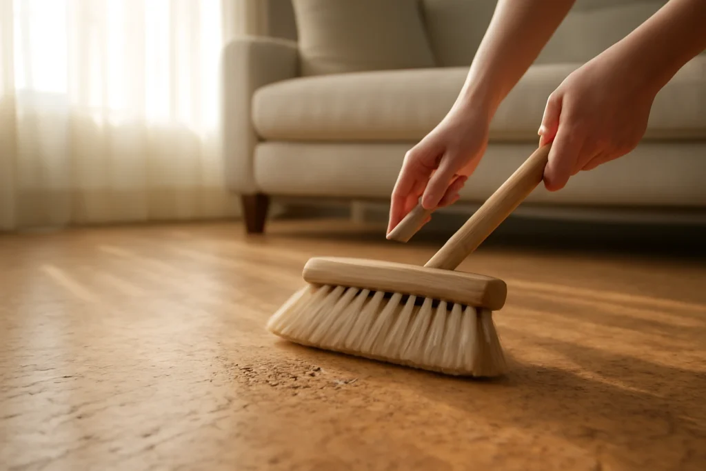 Cork flooring being gently swept with a soft-bristle broom in a sunlit living room, showing grain and finish.