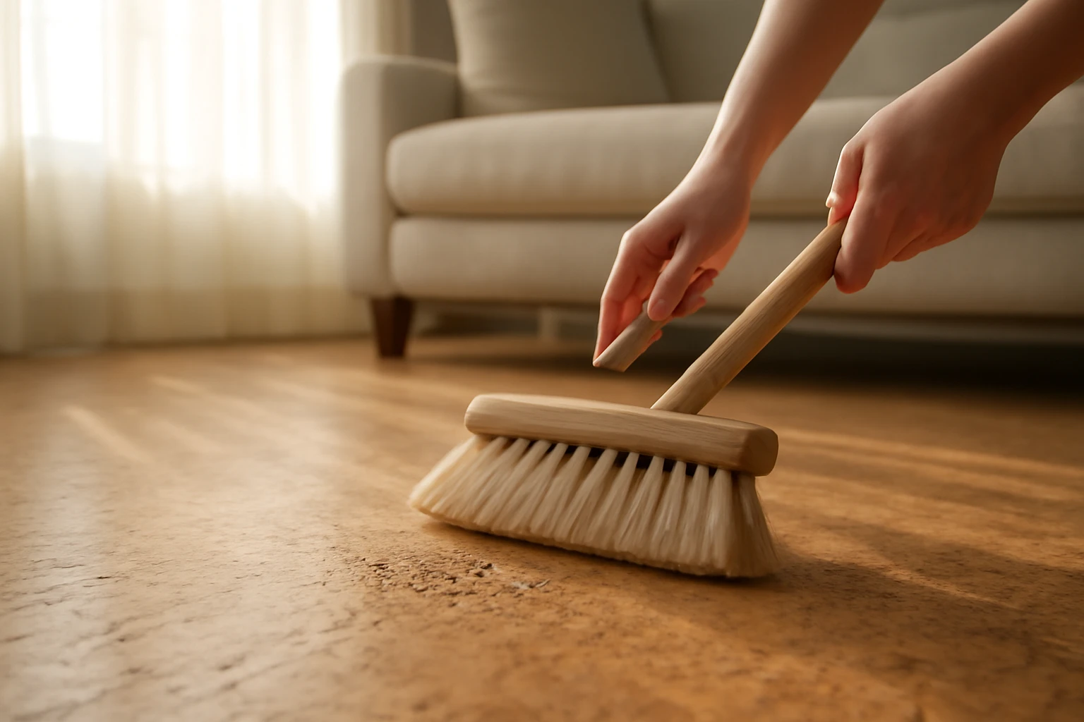 Cork flooring being gently swept with a soft-bristle broom in a sunlit living room, showing grain and finish.