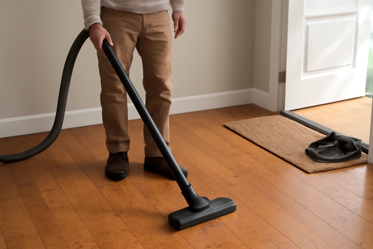 Cork flooring being vacuumed with a soft-brush attachment near an entryway as sunlight lifts sand and dust.