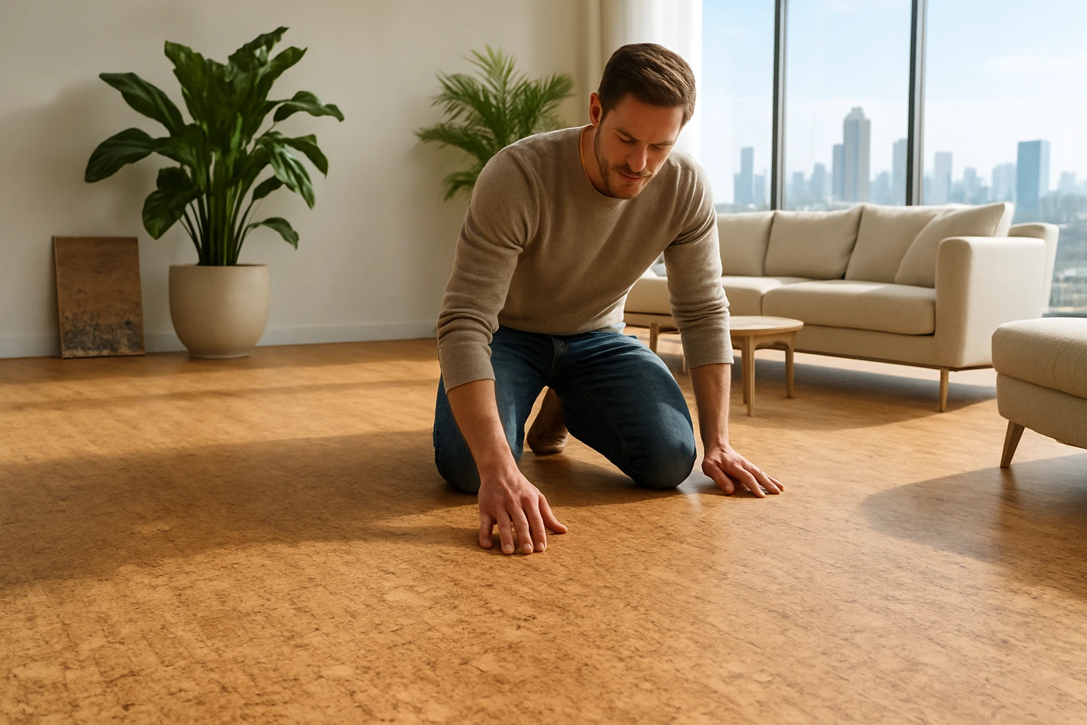 Cork flooring in a Dubai apartment living area with large potted plants and a person feeling the floor's texture.