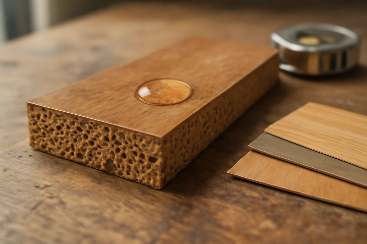 Cork plank cross-section showing internal cellular structure, sealed glossy edge with water beading and adjacent unsealed dam