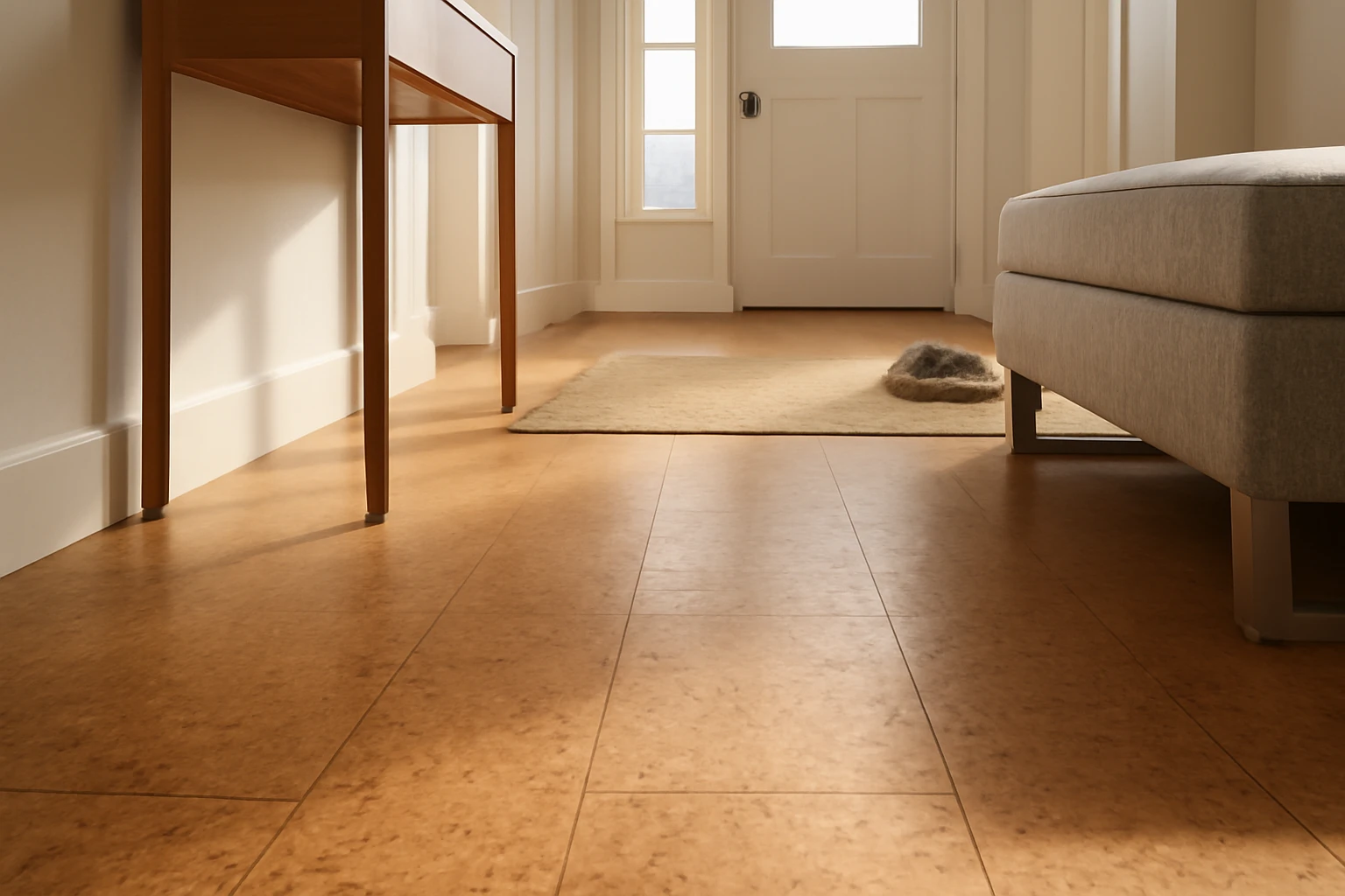 Cork plank flooring in a sunlit hallway protected by felt pads under furniture, a runner rug, and a shoe mat at the door.