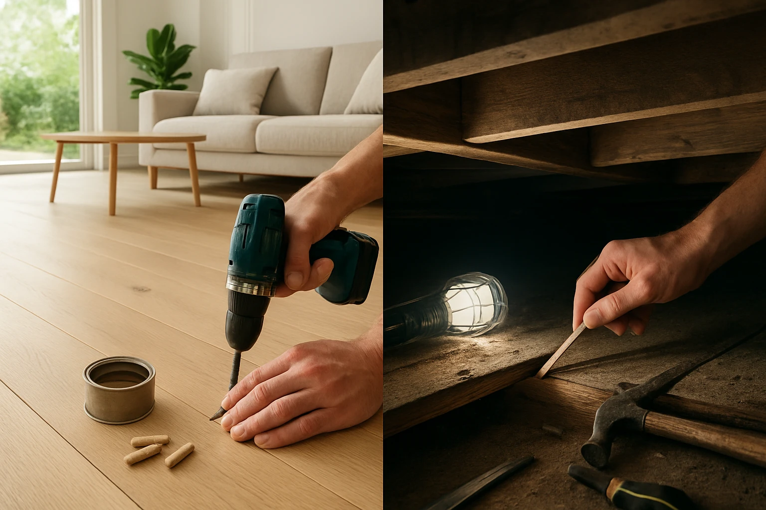 Countersunk screw repair on a light oak hardwood floor beside an underside view showing a wooden shim fitted between joists.