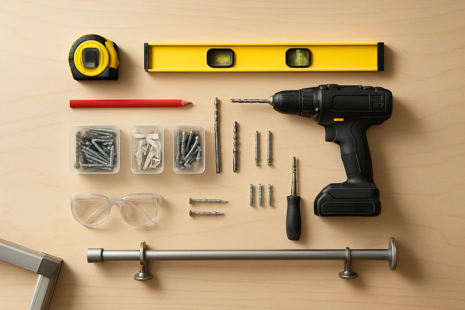 Curtain rod installation tools laid out on a workbench, including drill, bits, spirit level, anchors, brackets, screws and a