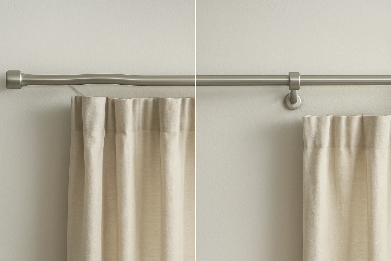Curtain rod sagging in the center with missing middle support on the left, and a straight, properly supported rod on the righ