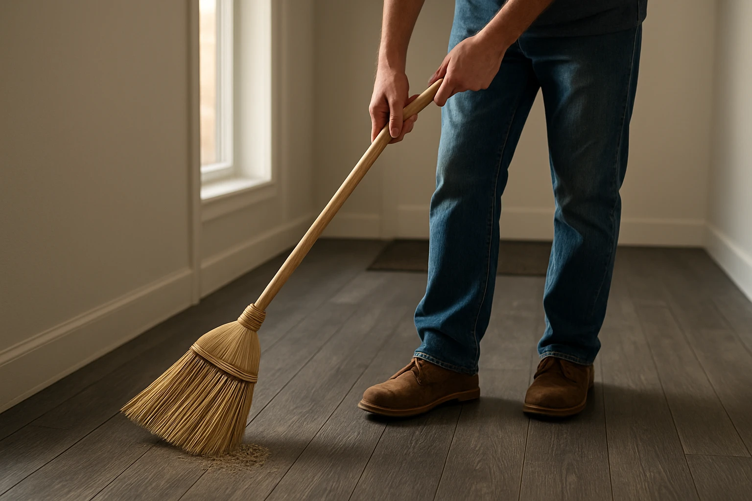 Dark grey vinyl plank flooring being swept with a soft-bristle broom in a hallway with morning light and a small pile of grit