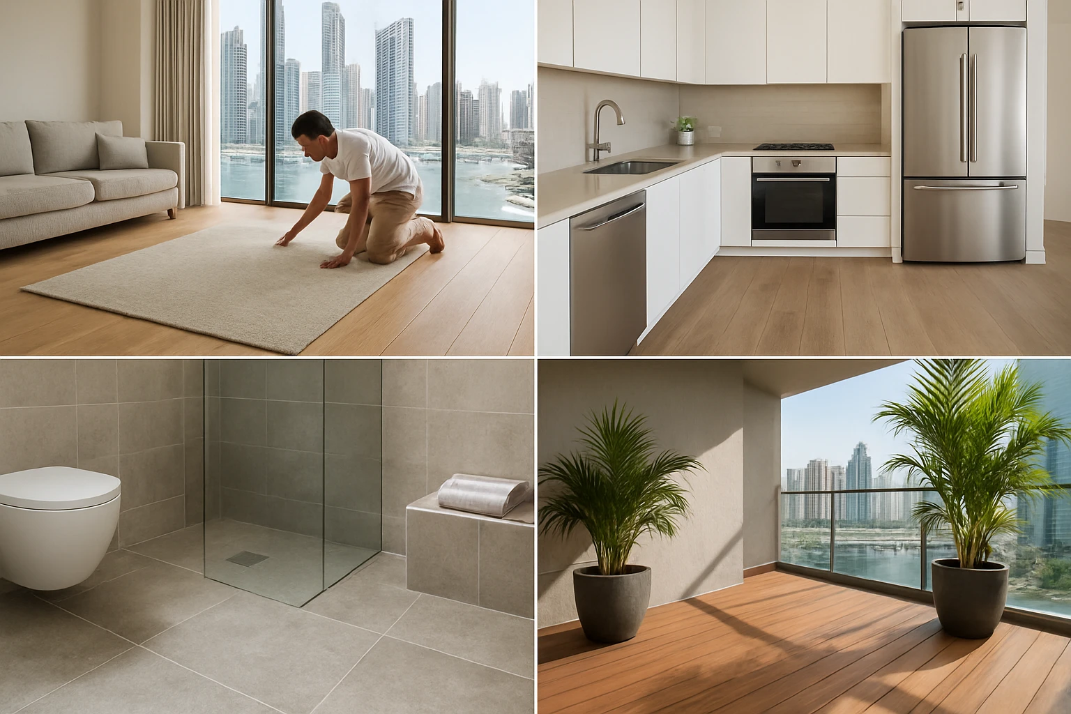 Engineered oak living room, SPC kitchen, stone-look LVT bathroom and teak-look decking on a Dubai apartment balcony.