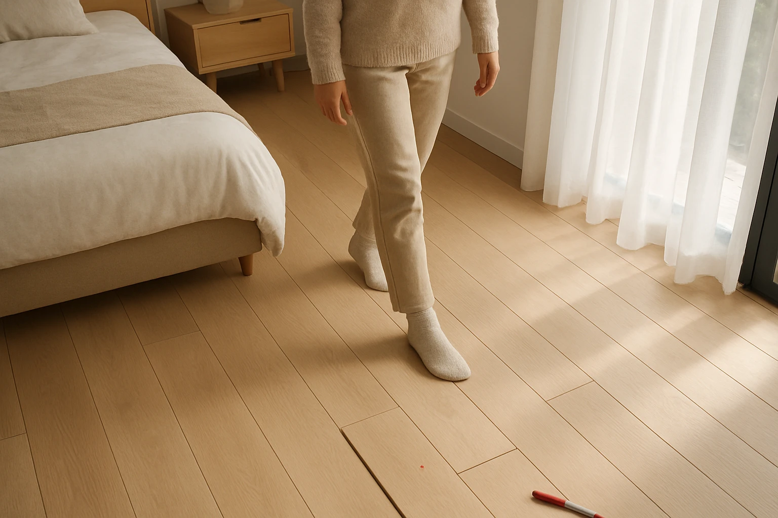 Engineered oak plank flooring being tested for a squeak by a person in socks who marked a loose plank with a red dot.
