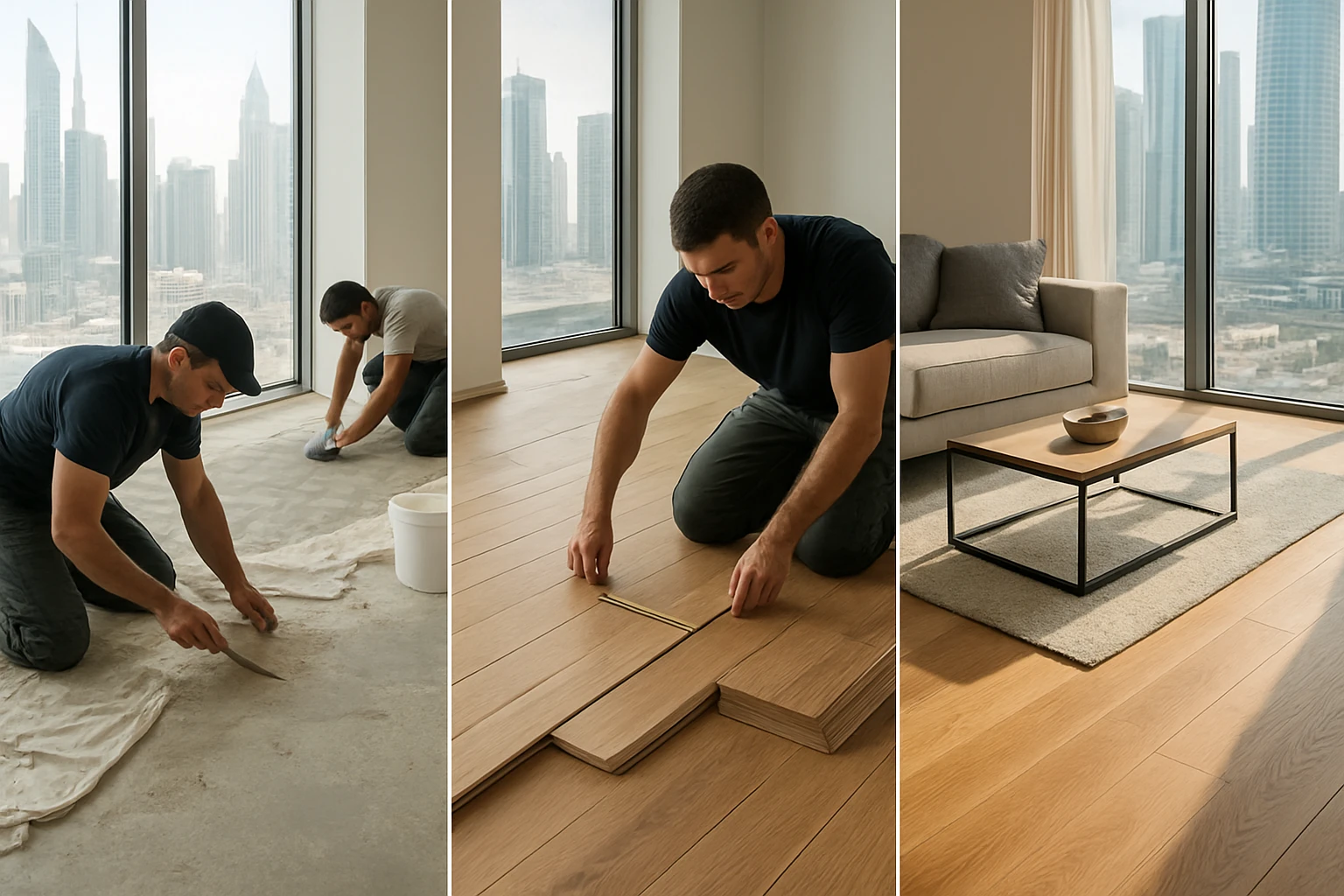 Engineered oak plank flooring installation shown in three stages—subfloor prep, plank laying, and finished living room—in a D