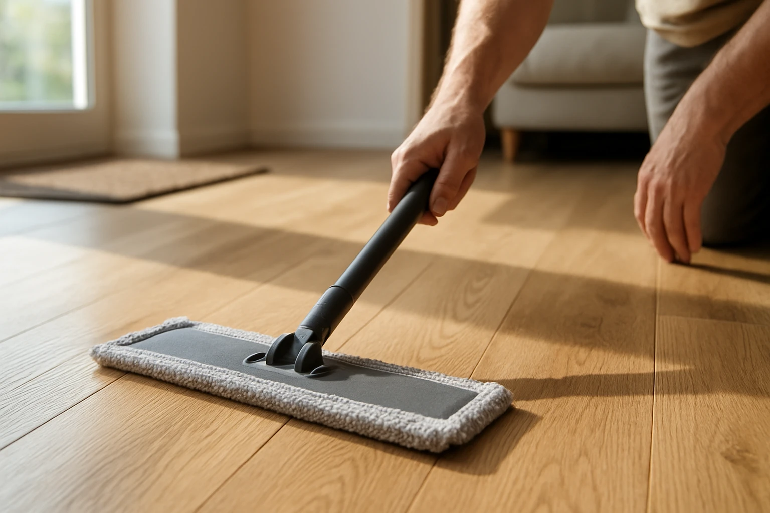 Engineered wood floor being cleaned with a microfiber mop in a sunlit modern living room, showing wood grain and a furniture