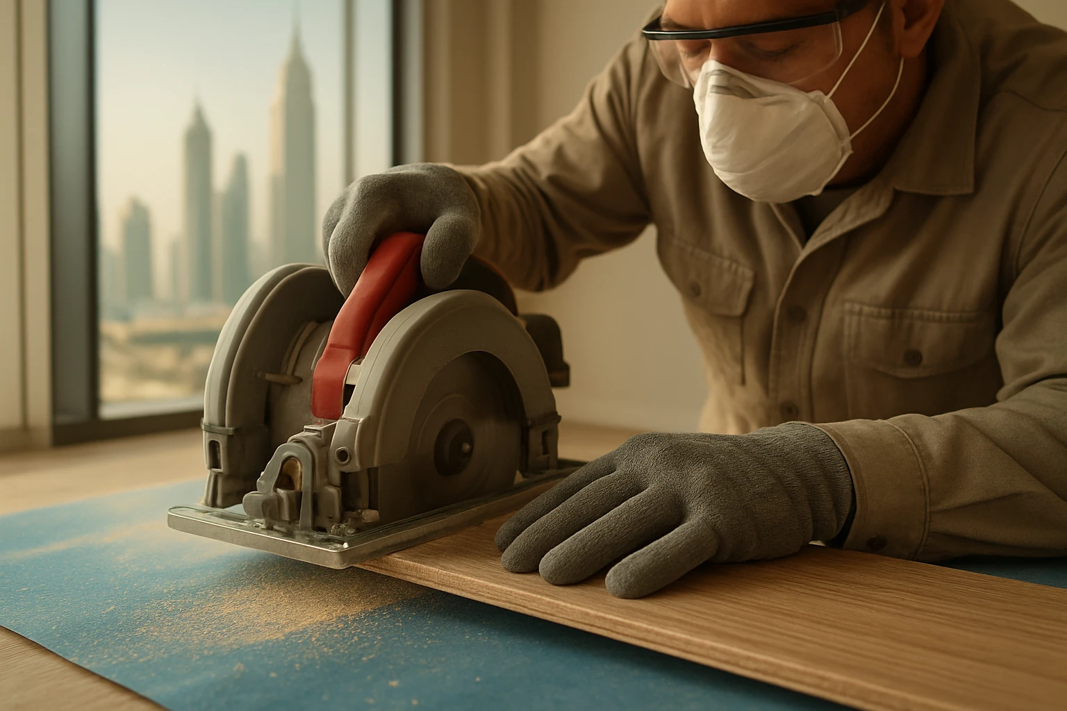 Engineered wood planks being cut by a masked flooring installer in a Dubai studio, hands, safety gear and dust-control sheet