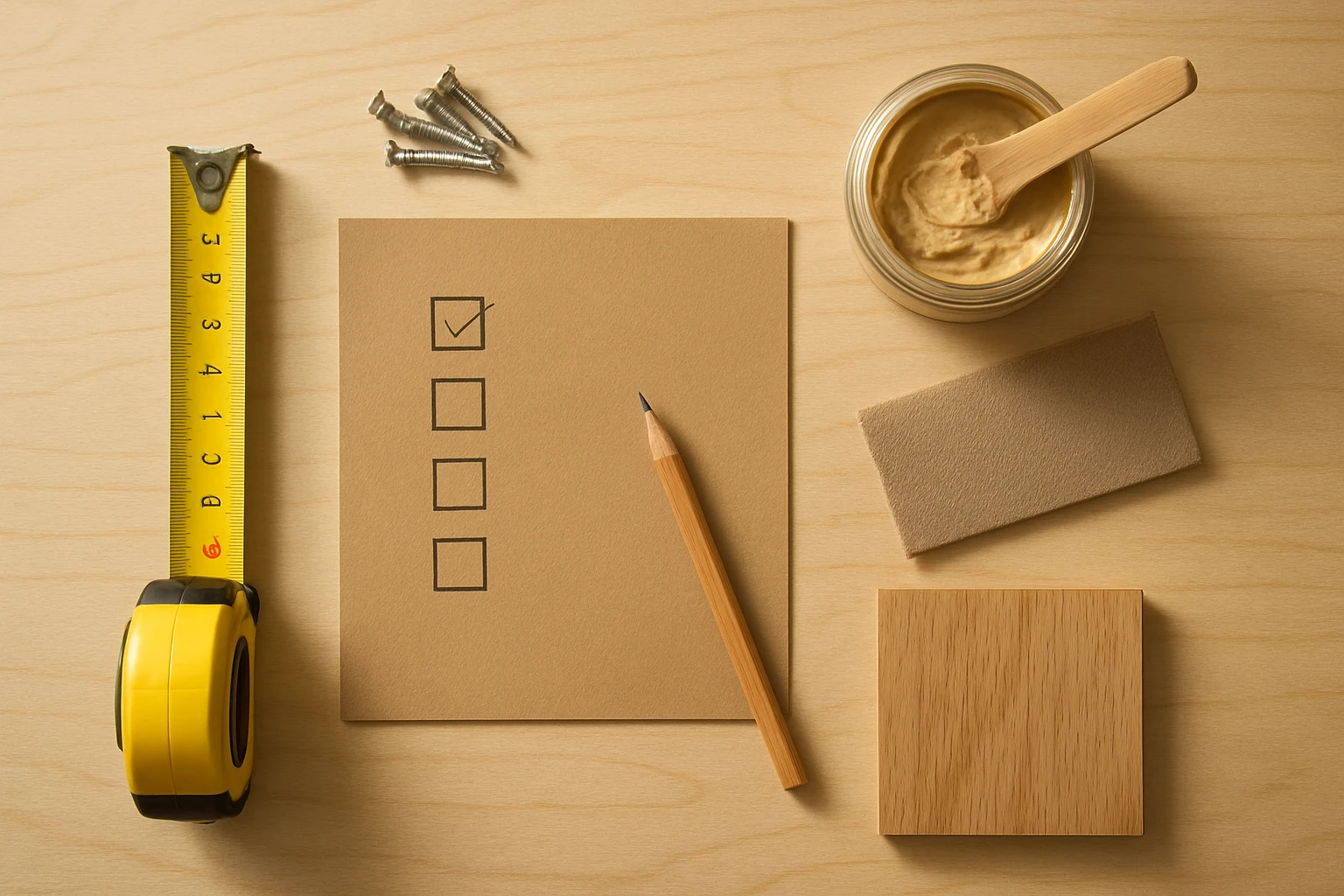 Floor-repair tools and materials—measuring tape, screws, open jar of wood filler, sandpaper, pencil—arranged on a paper sheet