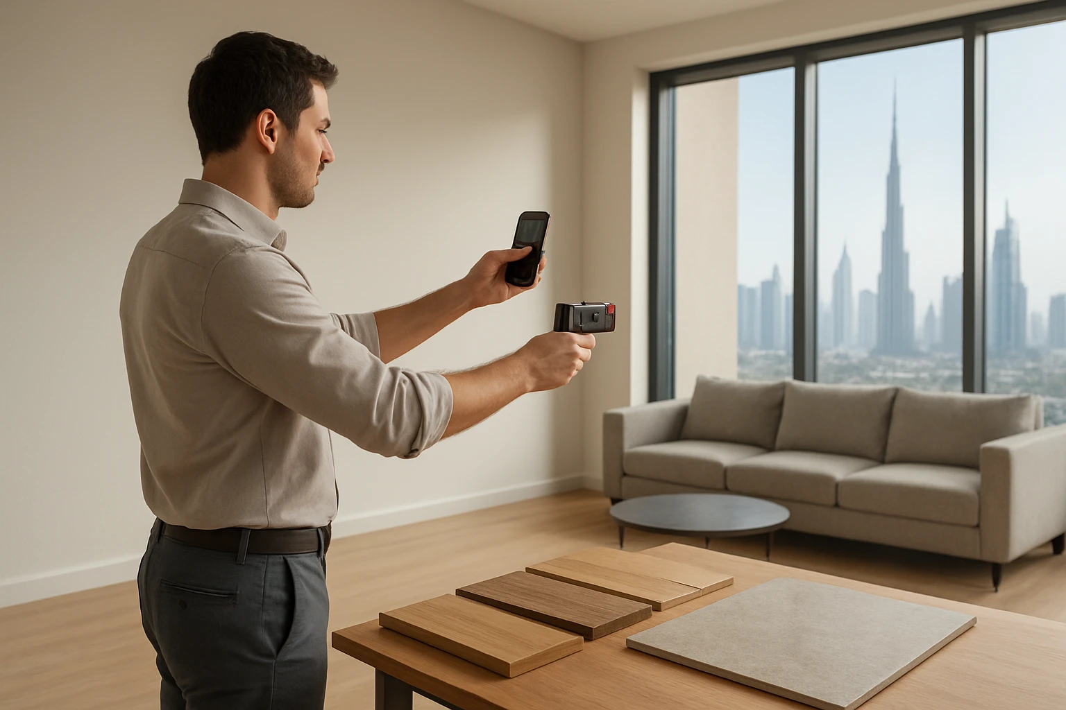 Flooring estimator measuring a Dubai apartment room with a laser measure, smartphone camera in hand and sample planks on a ne