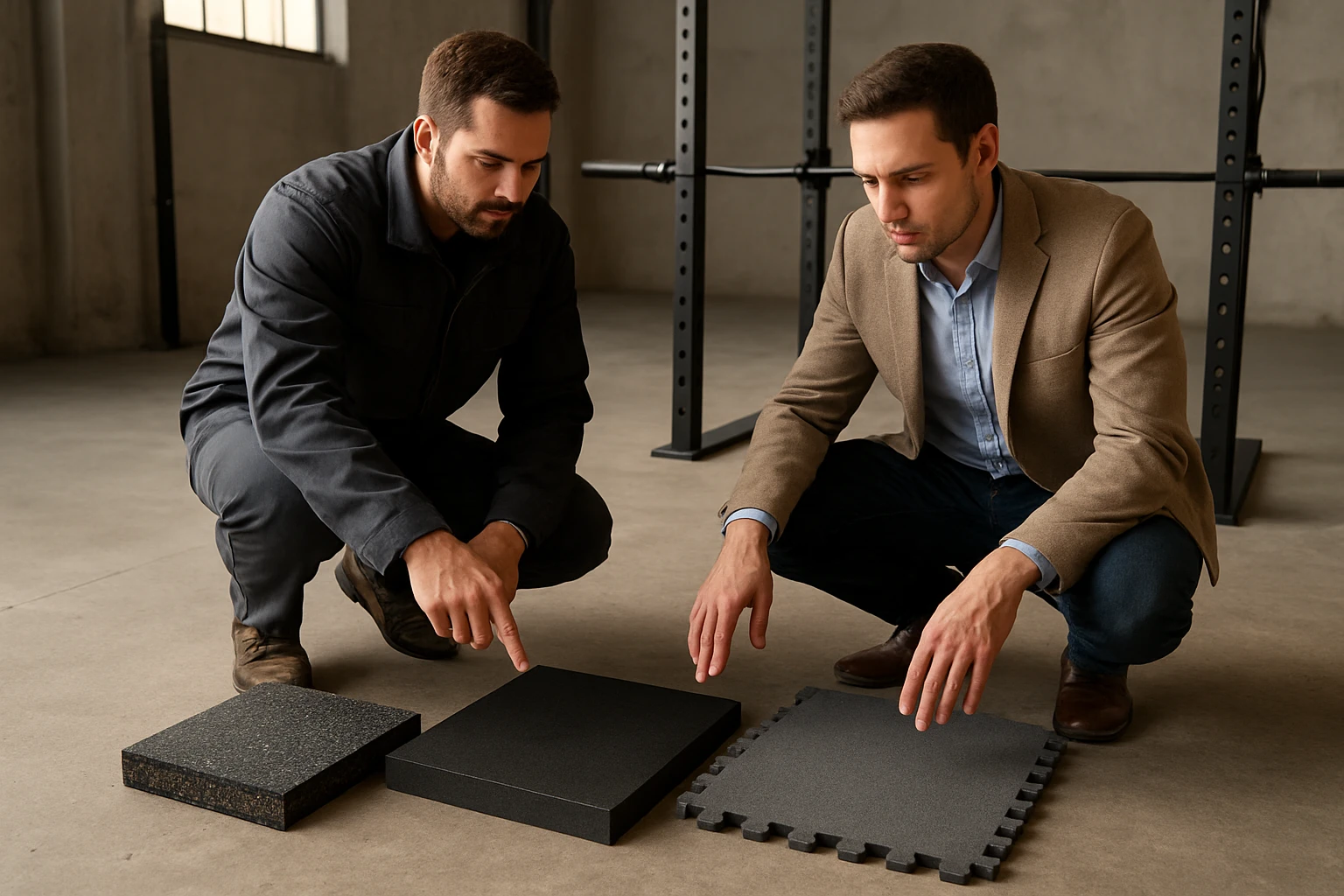 Flooring installer and gym owner examining thick rubber and foam sample tiles on an unfinished concrete gym floor during a si