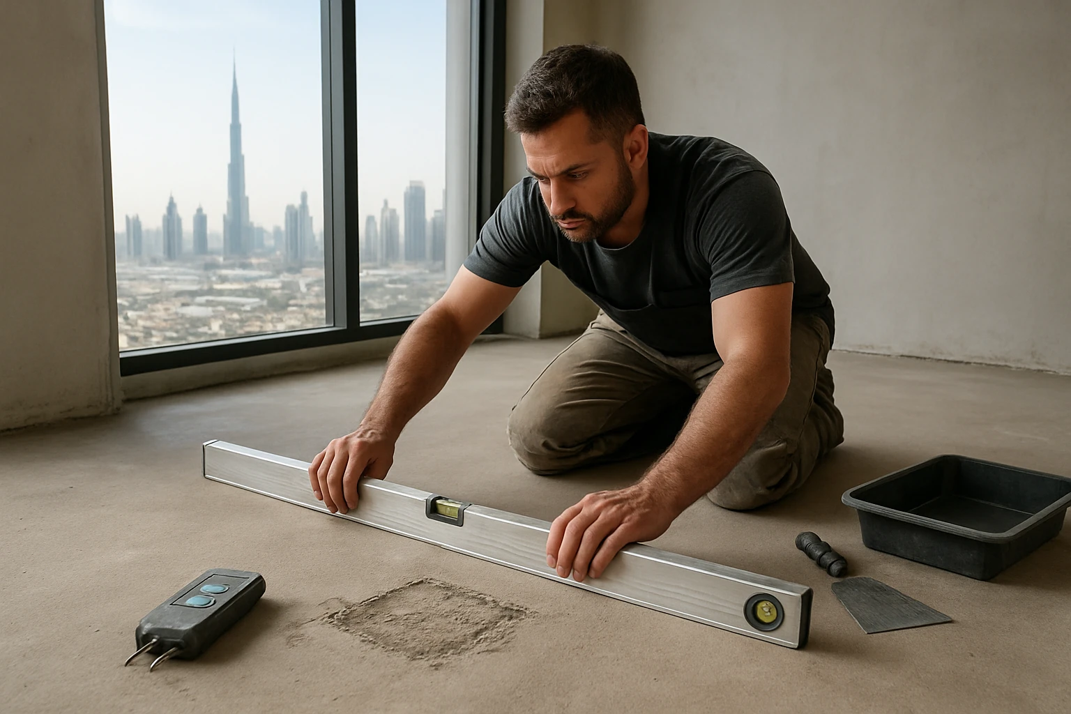 Flooring installer checking a concrete subfloor level with a long spirit level and moisture meter in a Dubai apartment renova