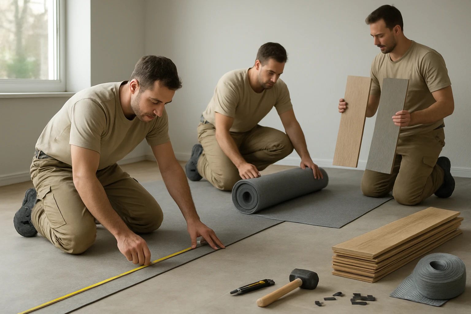 Flooring installers measuring a modern living room with underlayment and stacked hardwood and vinyl plank samples visible bef