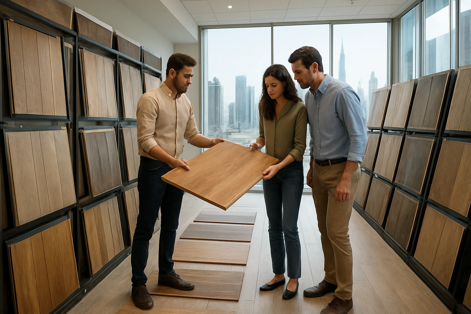 Flooring sample boards and a sales associate assisting a couple in a modern Dubai showroom displaying wood, vinyl and decking
