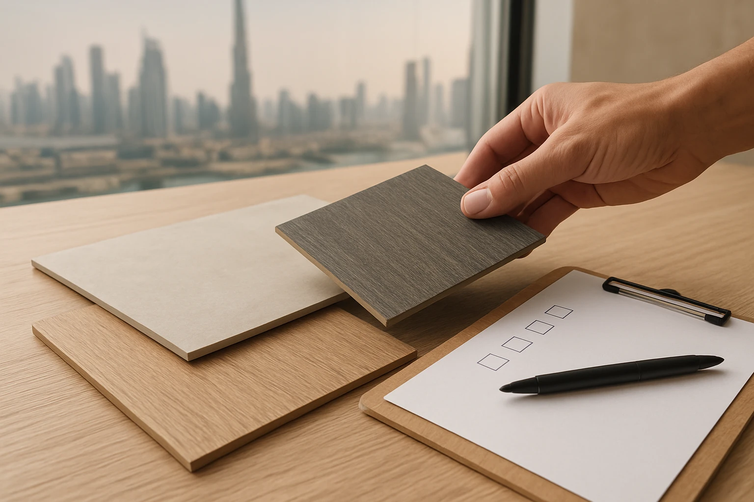 Flooring samples and a clipboard checklist with a hand selecting a plank in a modern Dubai apartment.