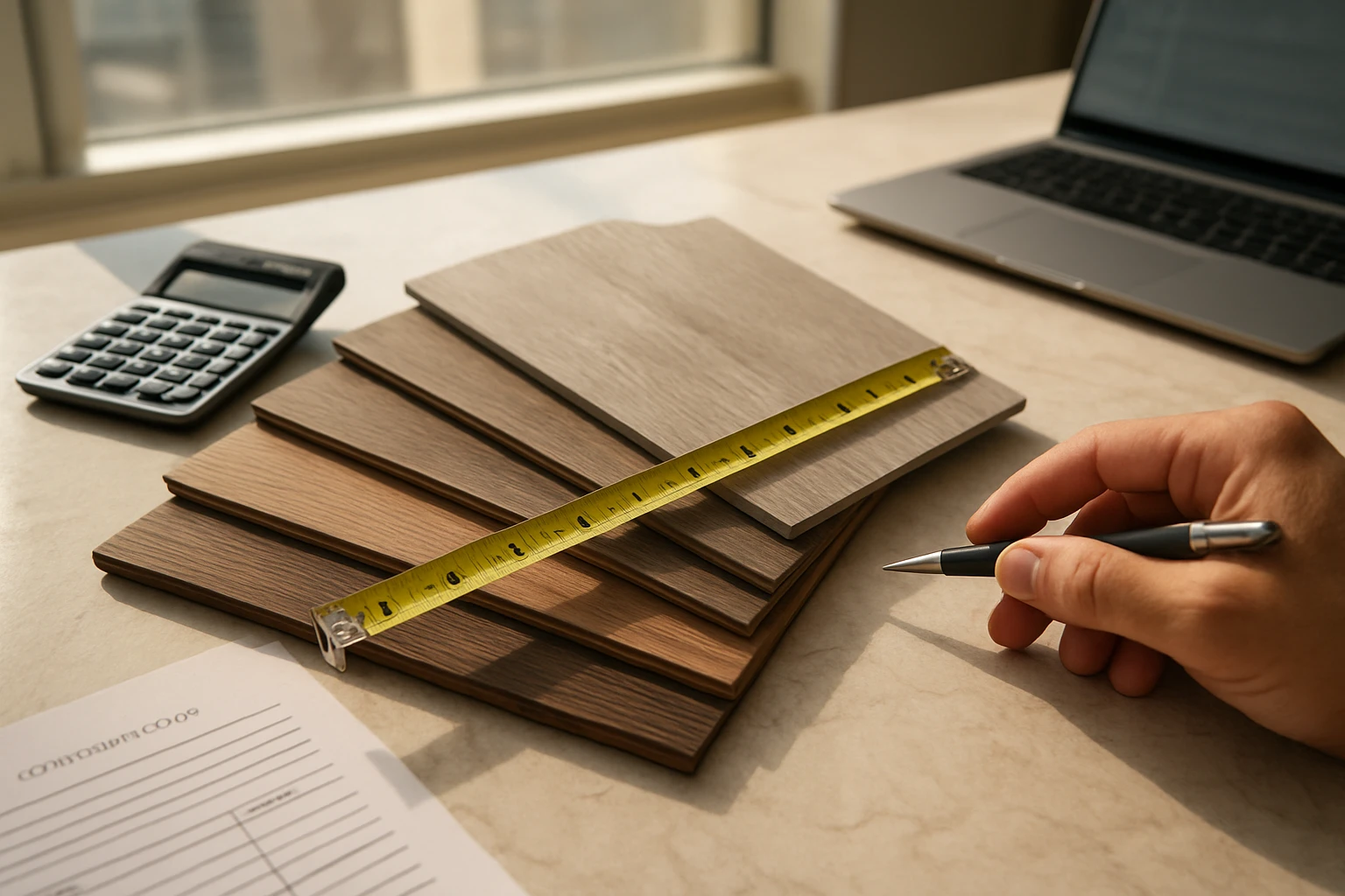 Flooring samples (laminate, SPC, LVT, engineered wood, decking) on a marble table with measuring tape, calculator, and contra