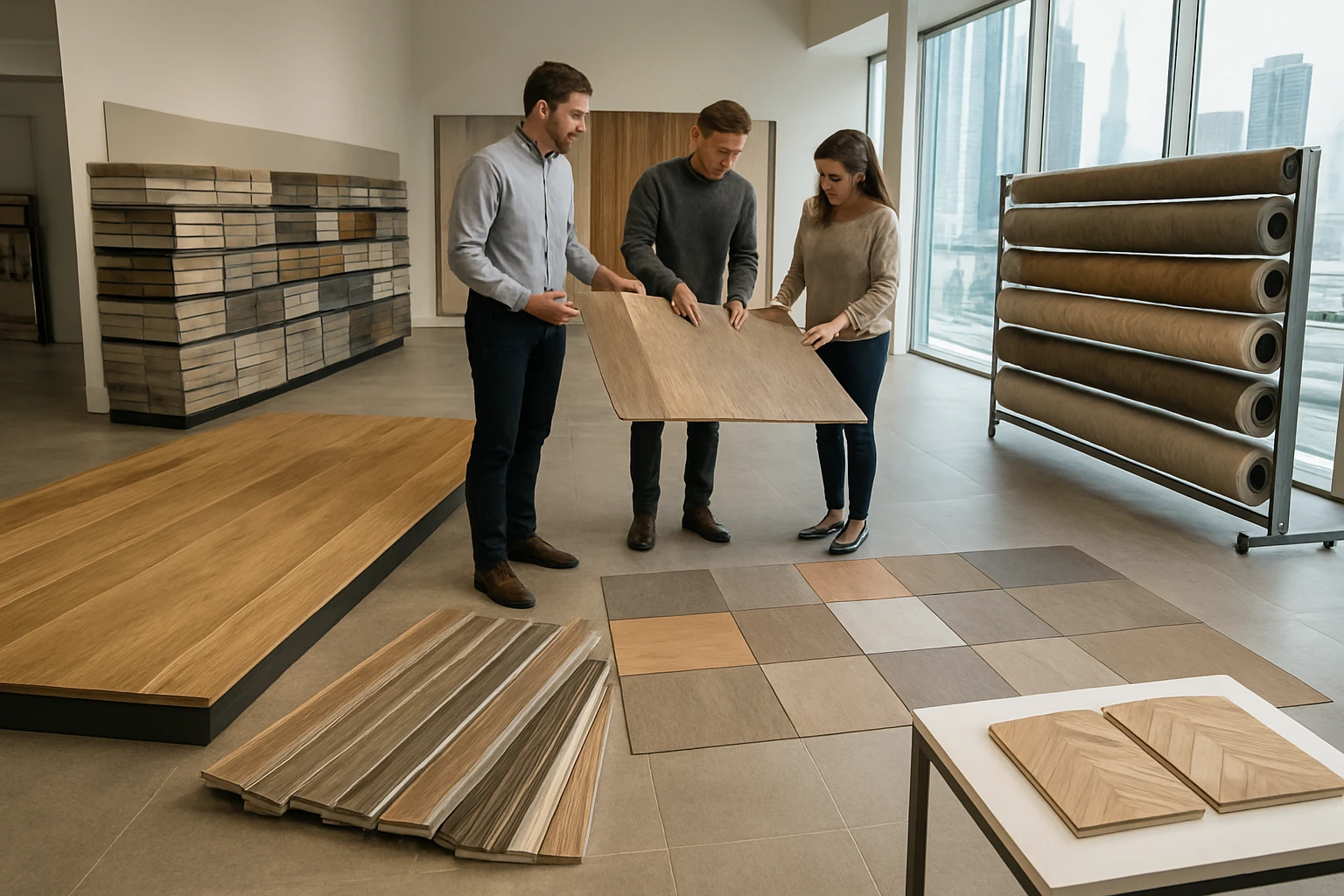 Flooring showroom in Dubai displaying engineered wood, SPC planks, LVT tiles, vinyl rolls, laminate stacks and parquet sample