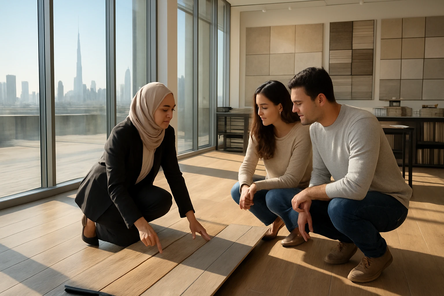 Flooring showroom in Dubai with wood and SPC plank displays and a salesperson advising two customers near glass frontage.
