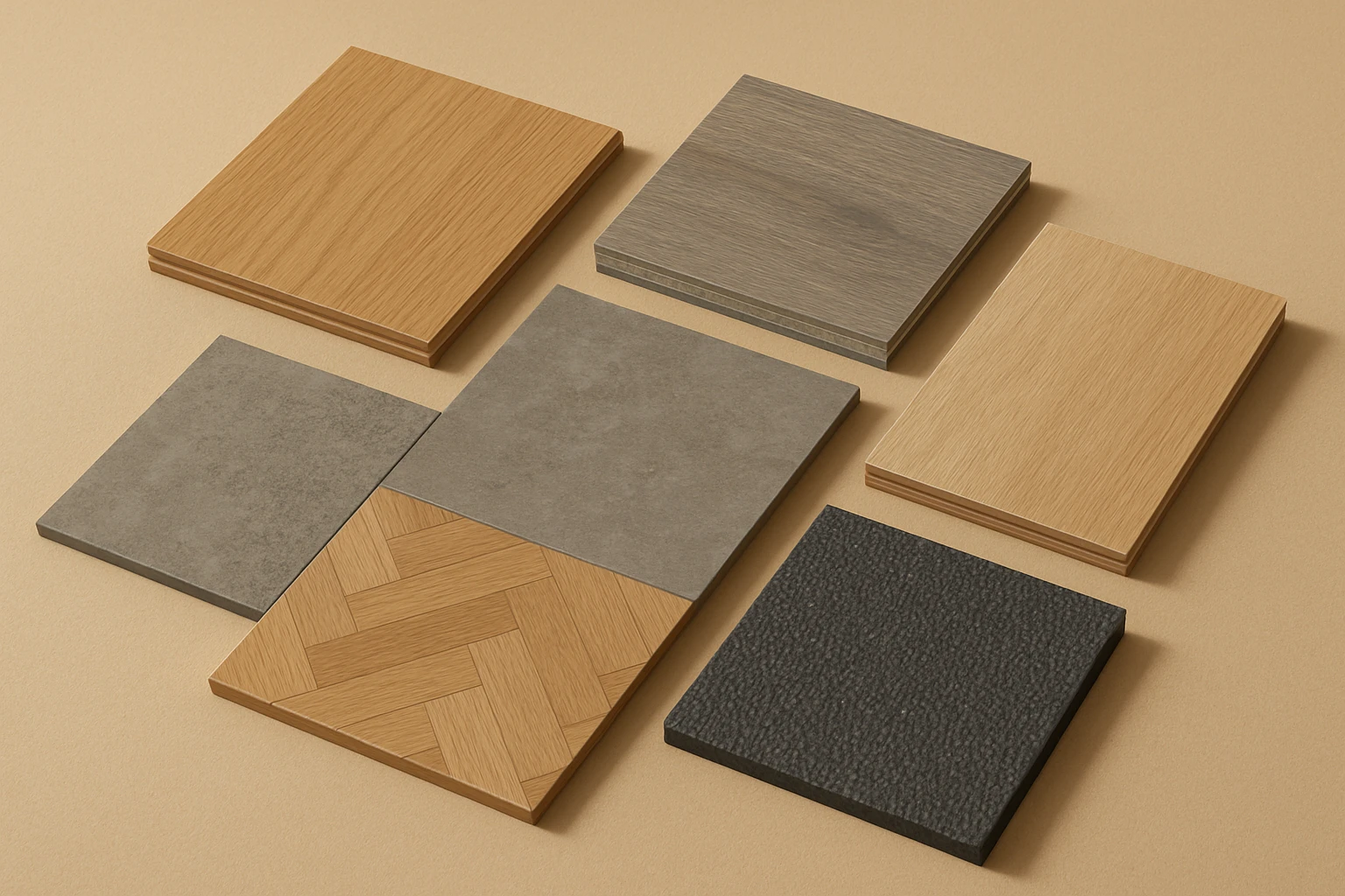 Flooring swatches of engineered wood, SPC, LVT, laminate, parquet and rubber tiles arranged on a warm neutral surface showing