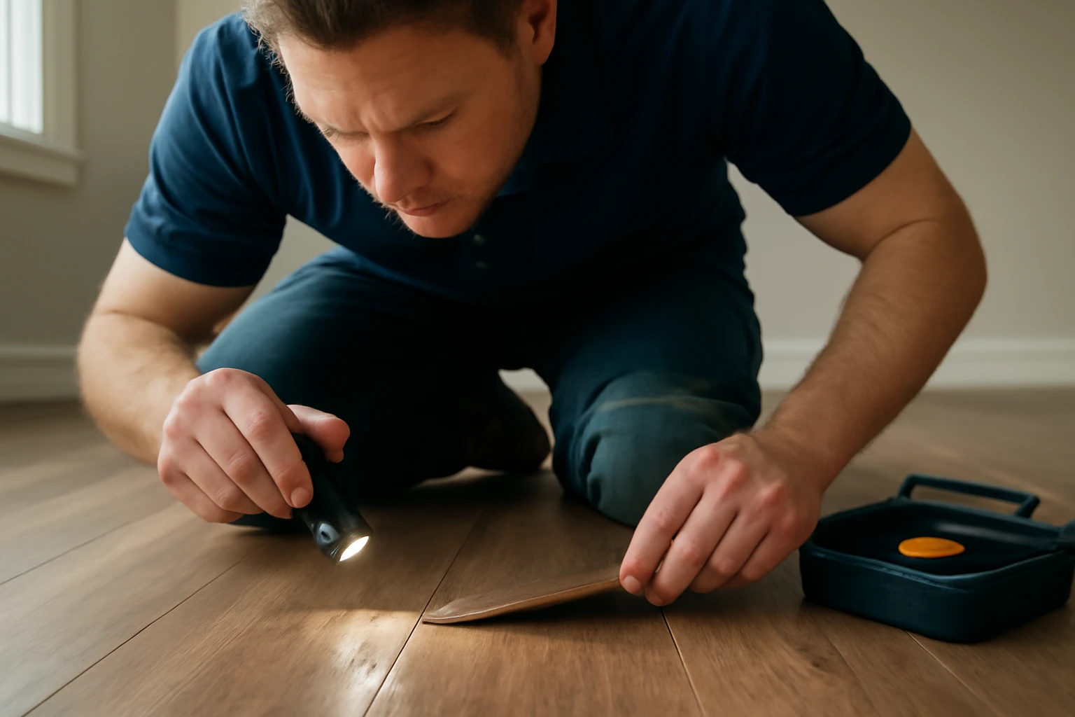 Flooring technician inspecting vinyl plank seams with a flashlight in a residential interior, checking adhesive and lifting e
