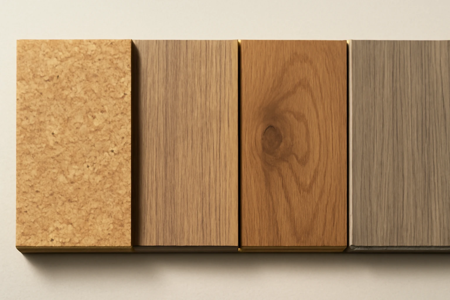 Four flooring sample boards — cork, vinyl, solid wood, and SPC — laid side-by-side top-down to show textures and edge profile