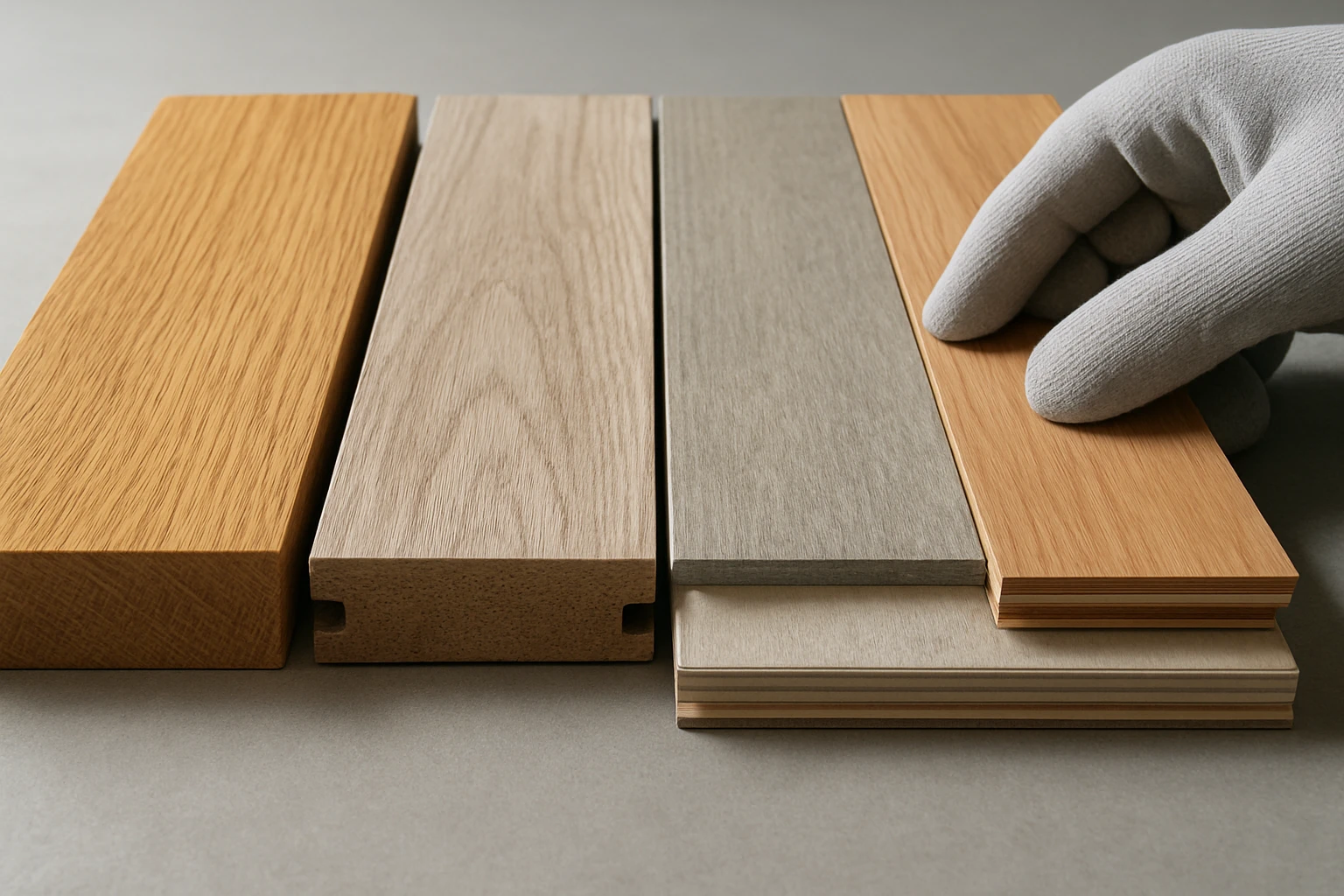Four flooring samples — solid oak, laminate with click-lock edge, SPC vinyl core, and engineered parquet showing veneer layer