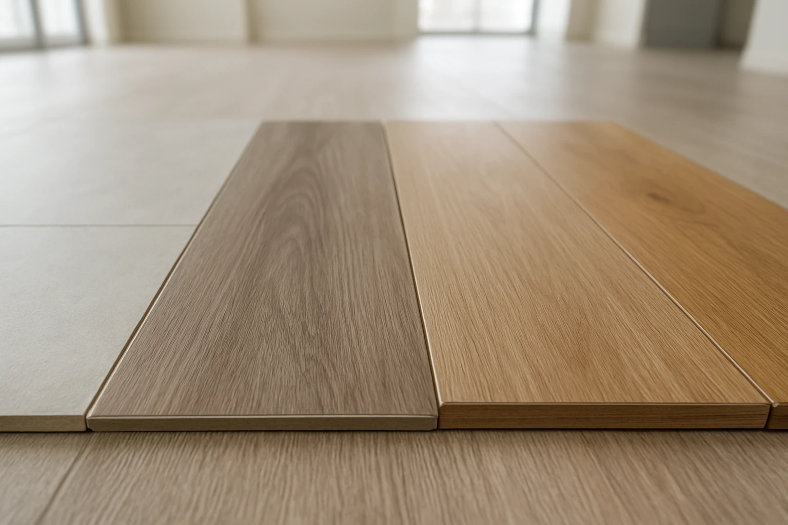 Four flooring types side-by-side: matte porcelain tile, SPC vinyl plank with click profile, beveled laminate plank, and engin