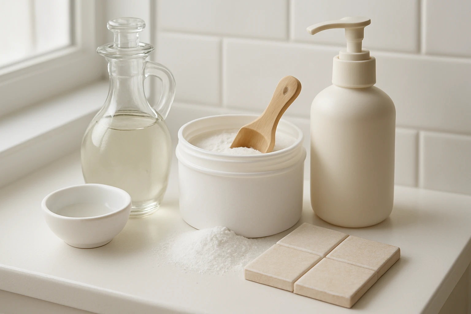 Glass vinegar cruet, open tub of oxygen-bleach powder with scoop, and pH-neutral cleaner bottle beside a tile grout sample.