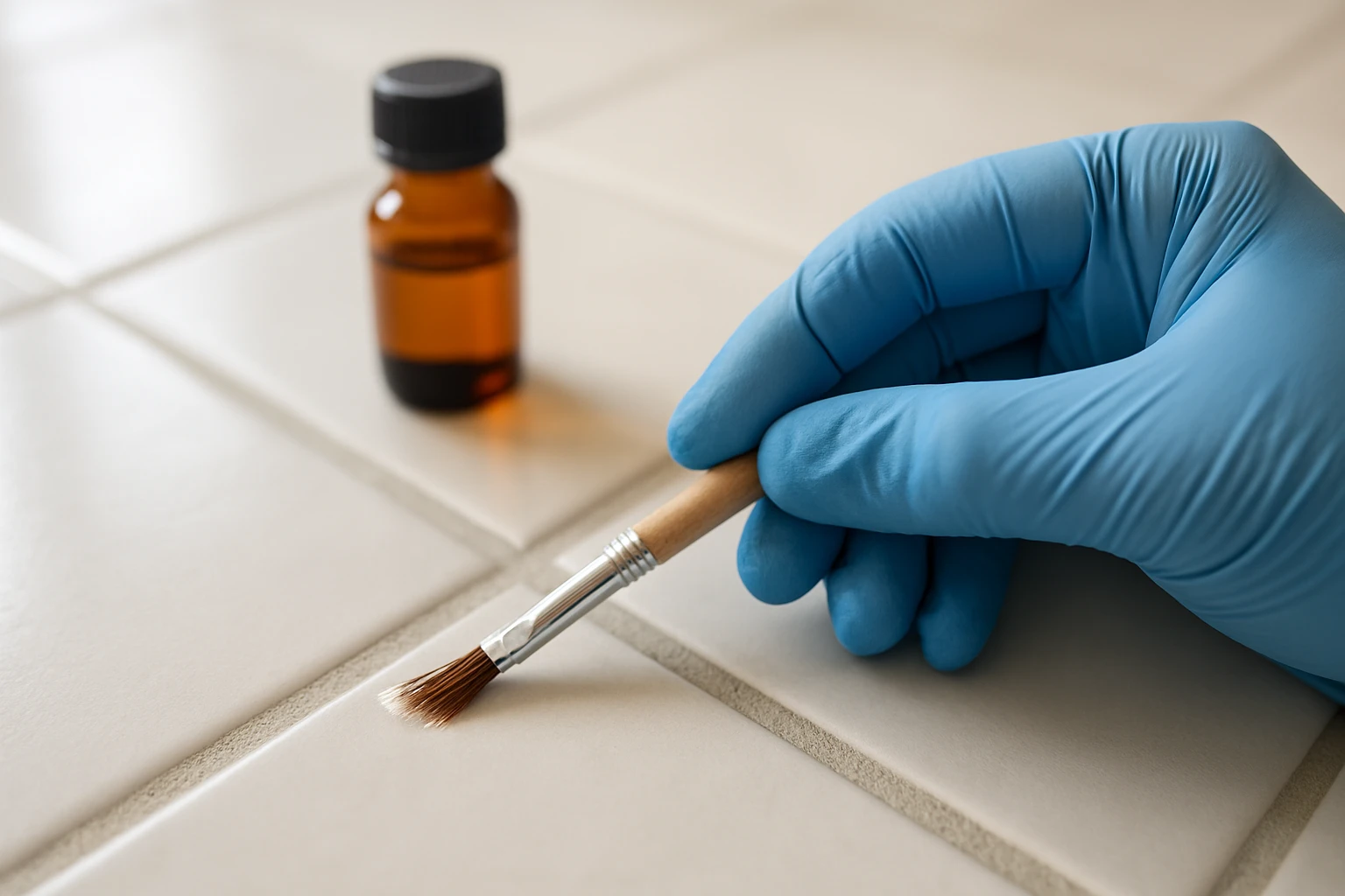 Gloved hand applying grout sealer with a small brush along light-gray grout between clean white shower tiles in a shower.