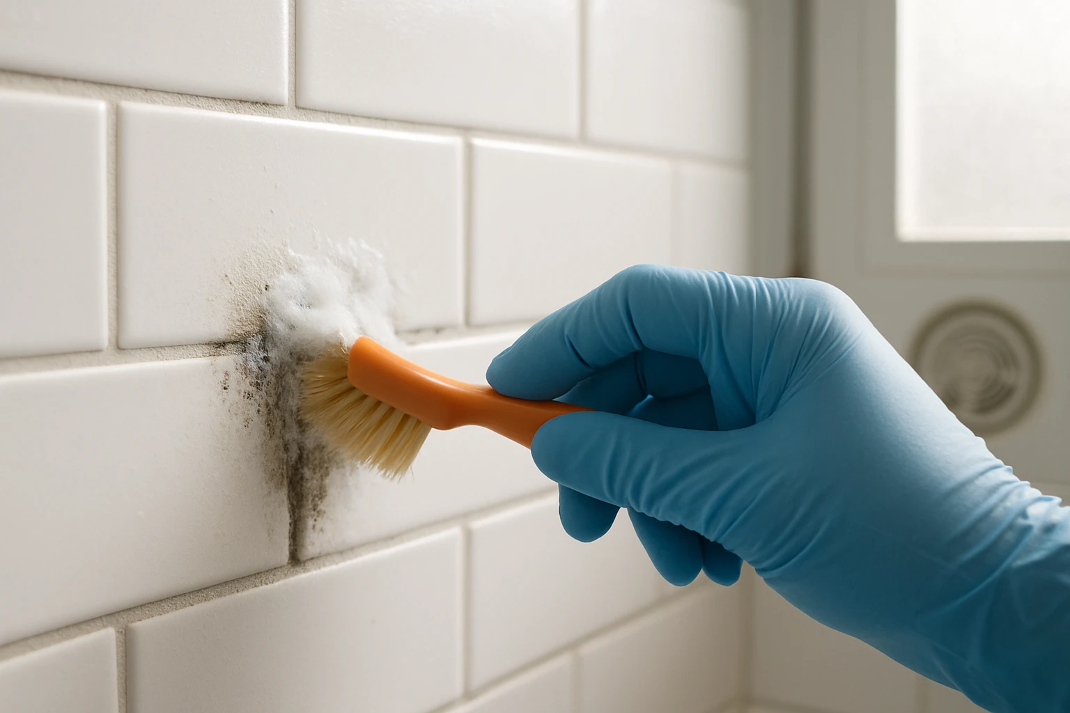 Gloved hand scrubbing black mildew from white bathroom tile grout with a small brush and oxygen bleach near an open window.