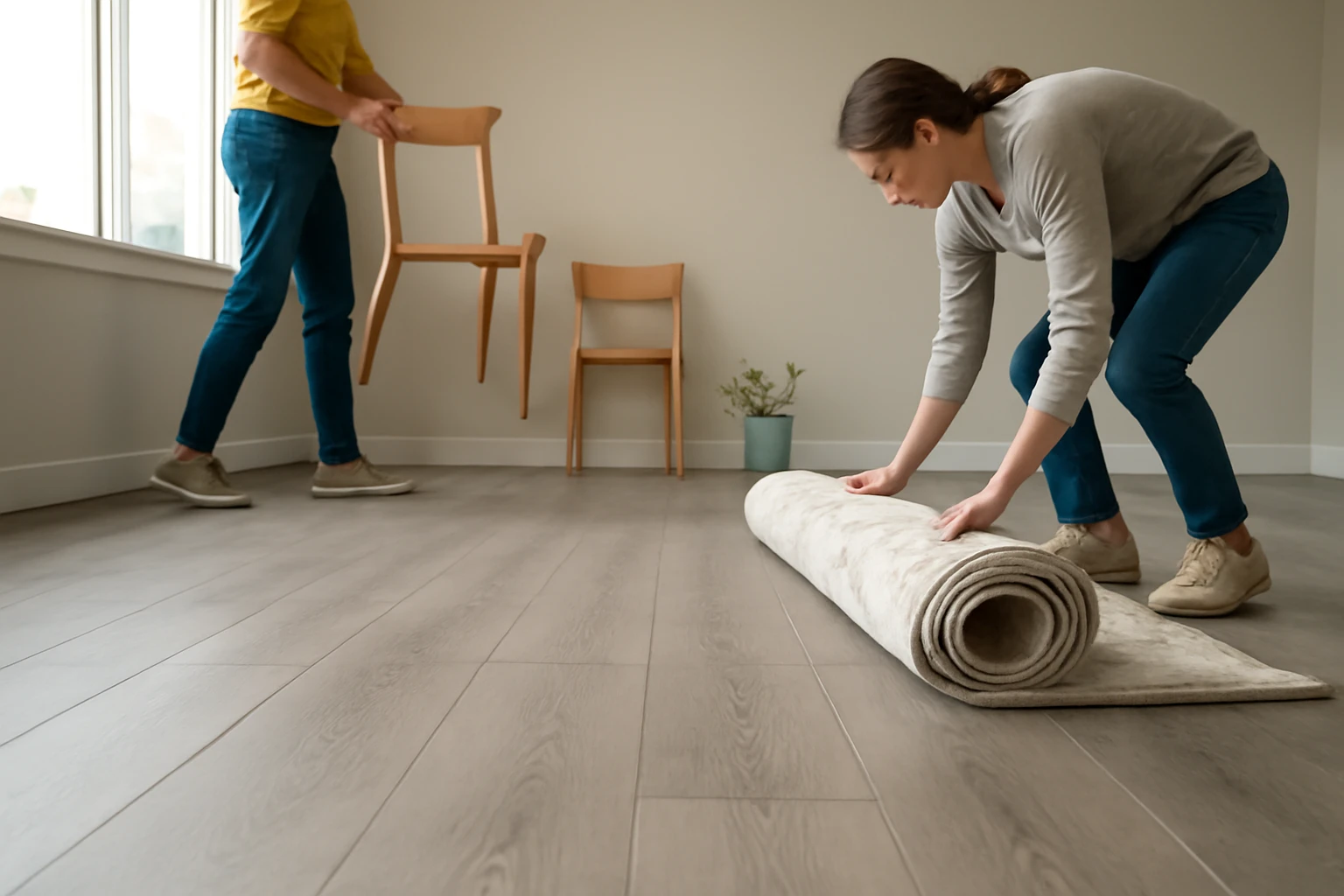 Gray laminate flooring in a dining room with a homeowner rolling up an area rug and lightweight chairs stacked neatly to the 