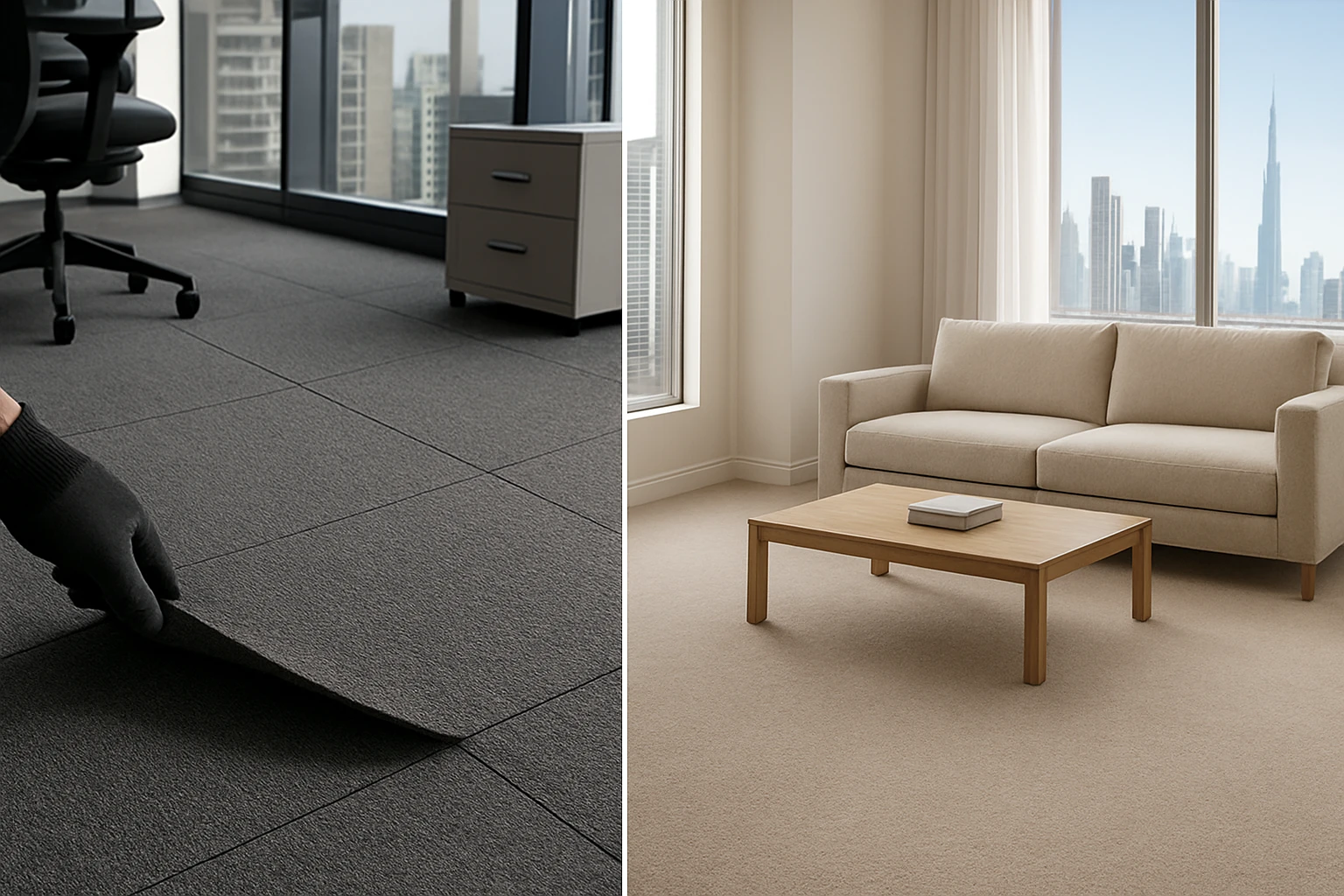 Grey commercial carpet tiles with one tile lifted in an office next to a beige plush wall-to-wall carpet in a Dubai living ro