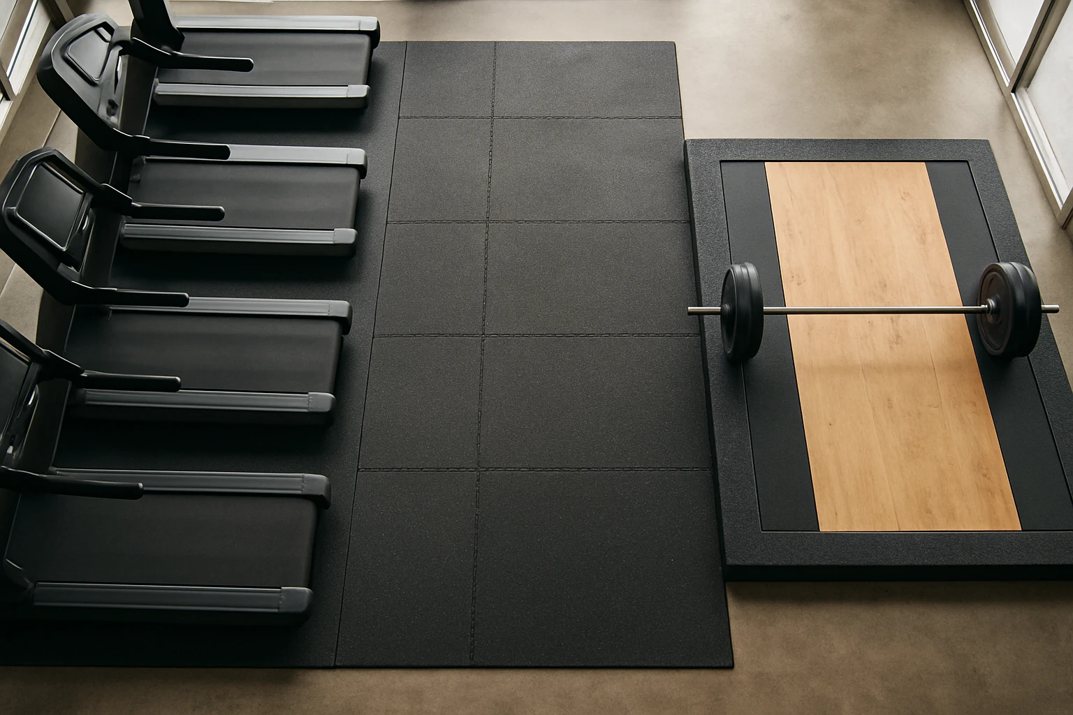 Gym flooring showing treadmills on thin mats, interlocking rubber tiles in a fitness area, and a wooden-centered heavy liftin
