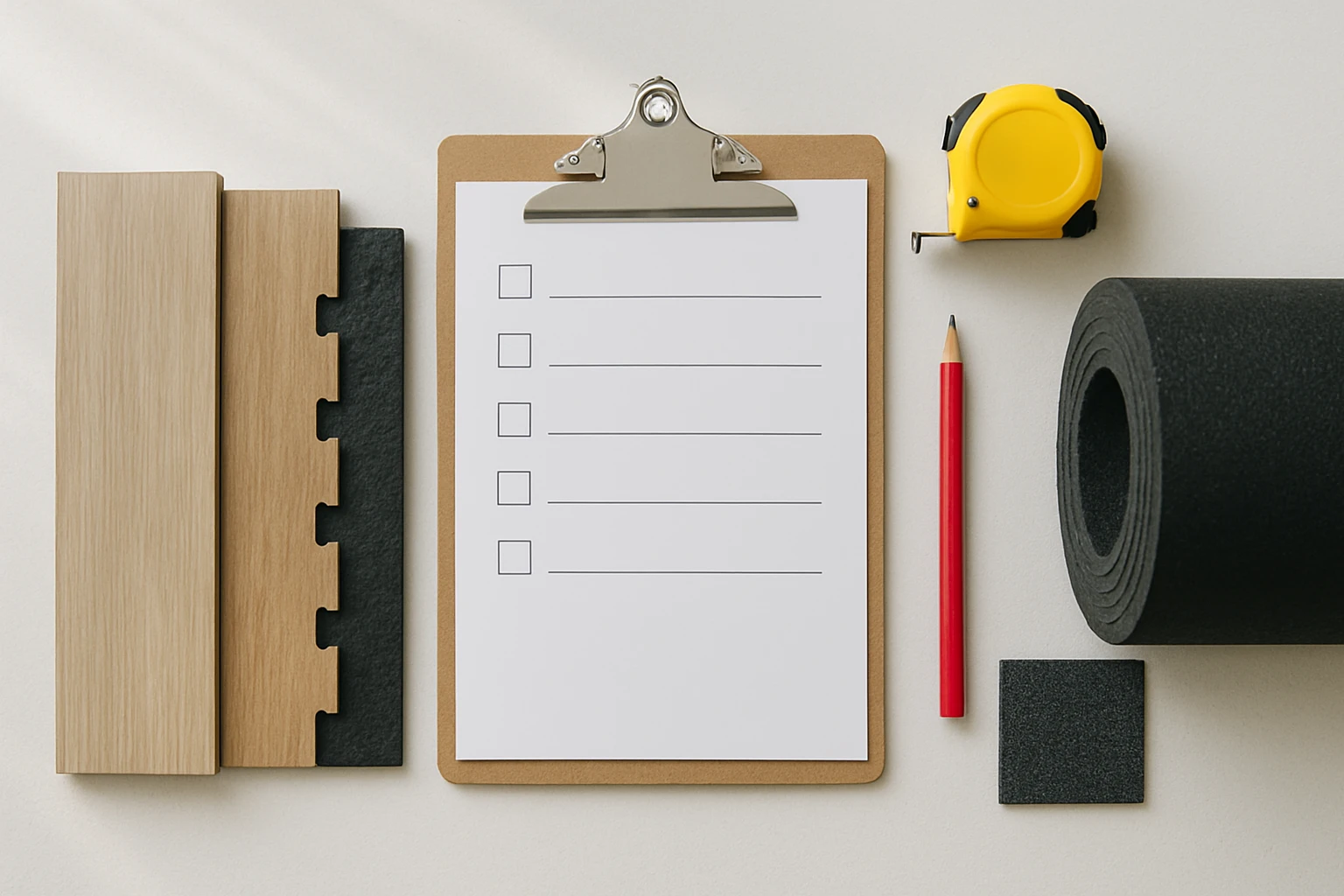 Gym flooring swatches laid out from thin vinyl to thick rubber next to a clipboard checklist and measuring tape on a white ta