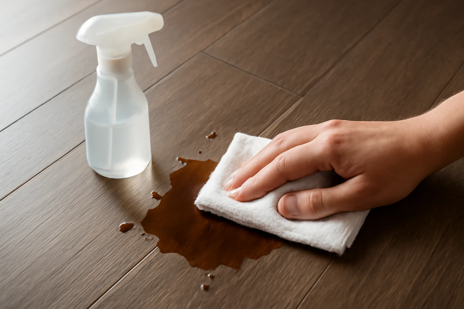 Hand blotting a coffee spill on dark brown laminate flooring with a white microfiber cloth and a small spray bottle nearby.