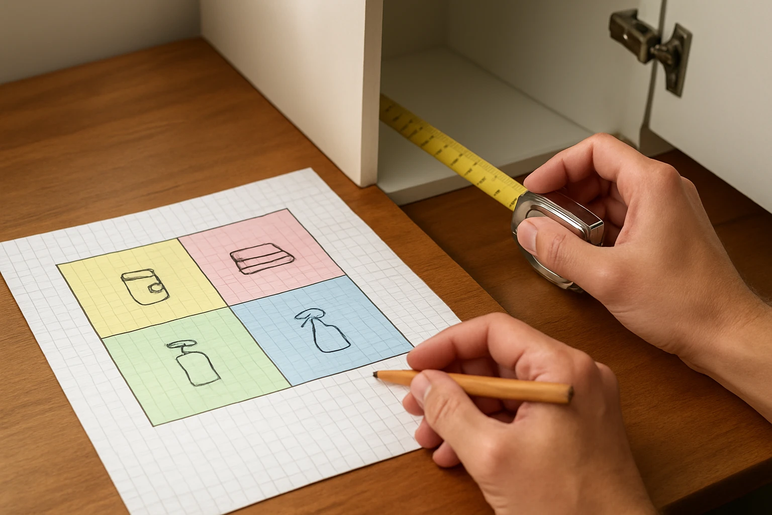 Hand-drawn bathroom cabinet layout plan on paper with colored zones, pictograms for medicines and towels, and a measuring tap