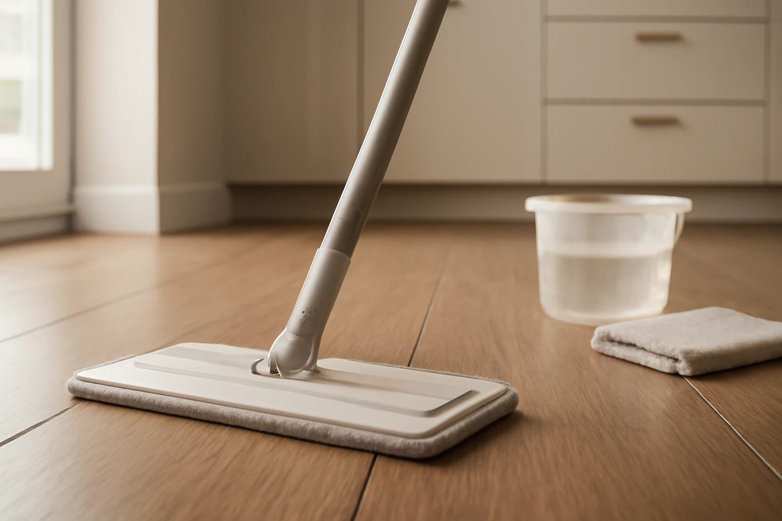 Hand mopping a wood-look LVT floor in a modern kitchen with a small bucket of mild cleaning solution nearby.