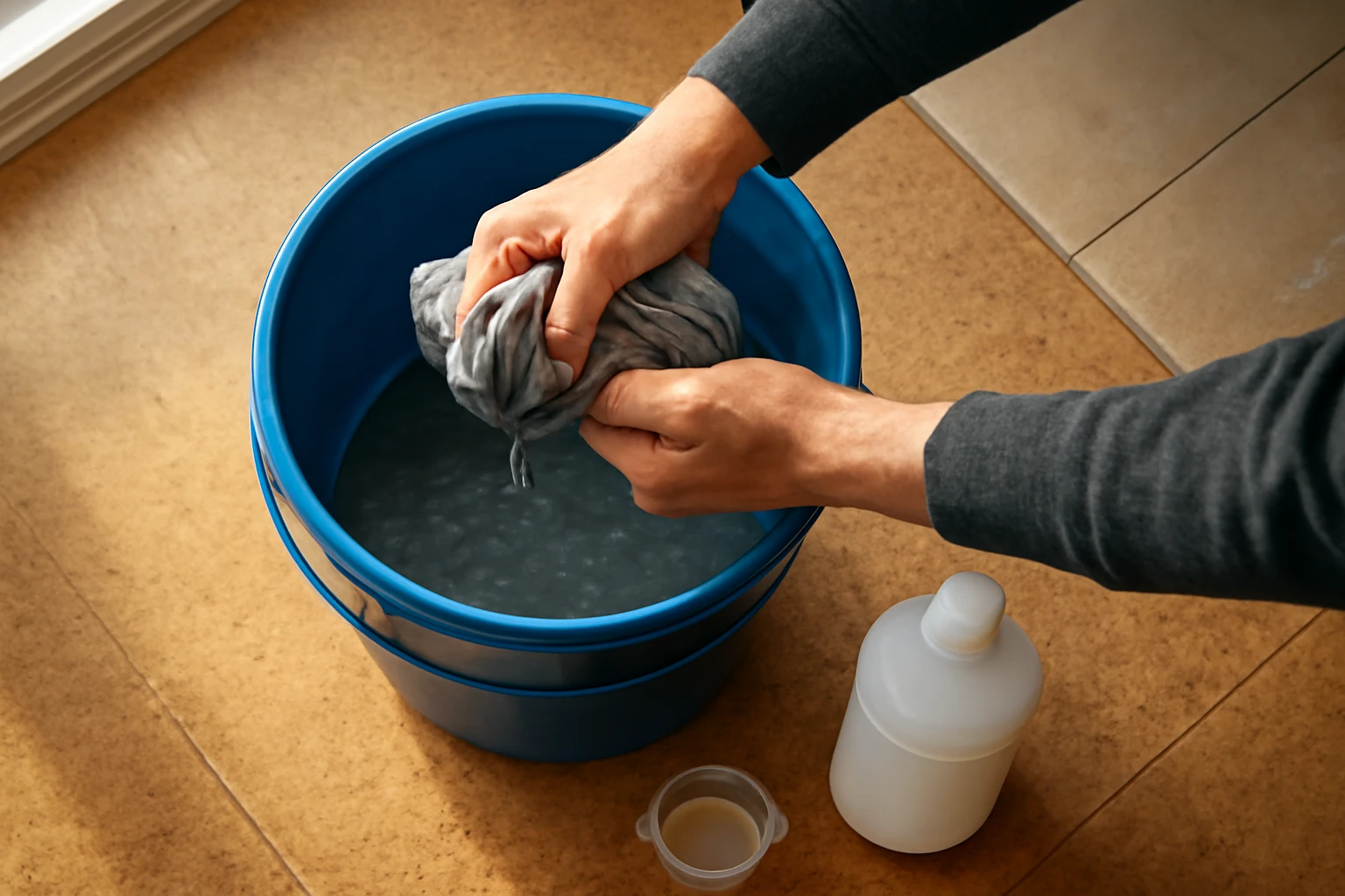 Hands wringing a damp microfiber mop over a bucket beside cork plank flooring, with a measuring cup and unbranded cleaner bot