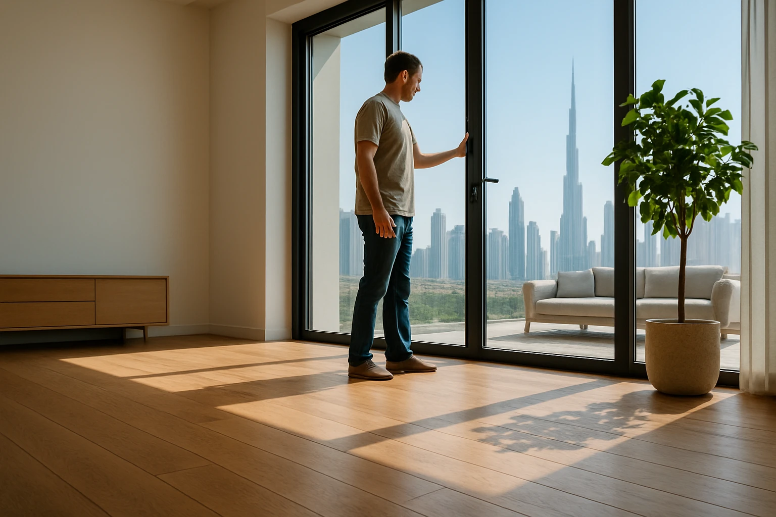 Hardwood floors in a Dubai apartment living room as a homeowner opens a window and checks a hygrometer.
