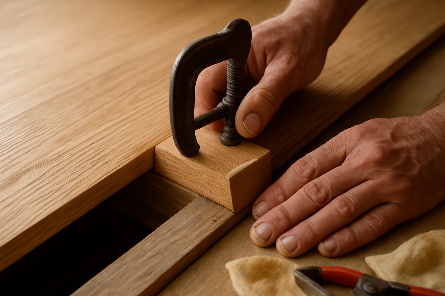 Hardwood glue block being fitted and clamped under an oak floorboard edge with wood glue applied.