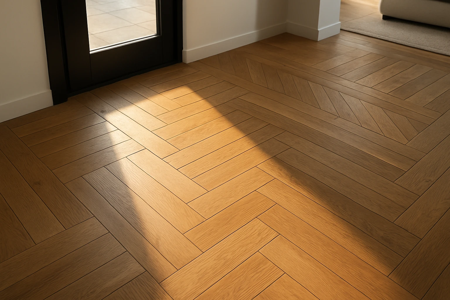 Herringbone oak wood floor in a modern entryway with warm sunlight and the pattern continuing into the adjacent living room.