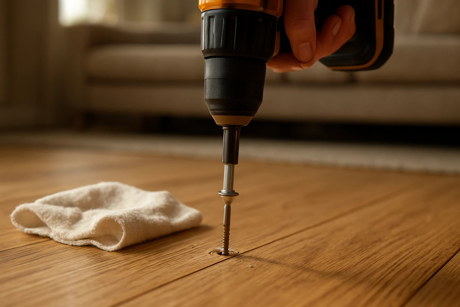 Homeowner countersinking a wood screw into an oak hardwood floor plank seam with a cordless drill and countersink bit.