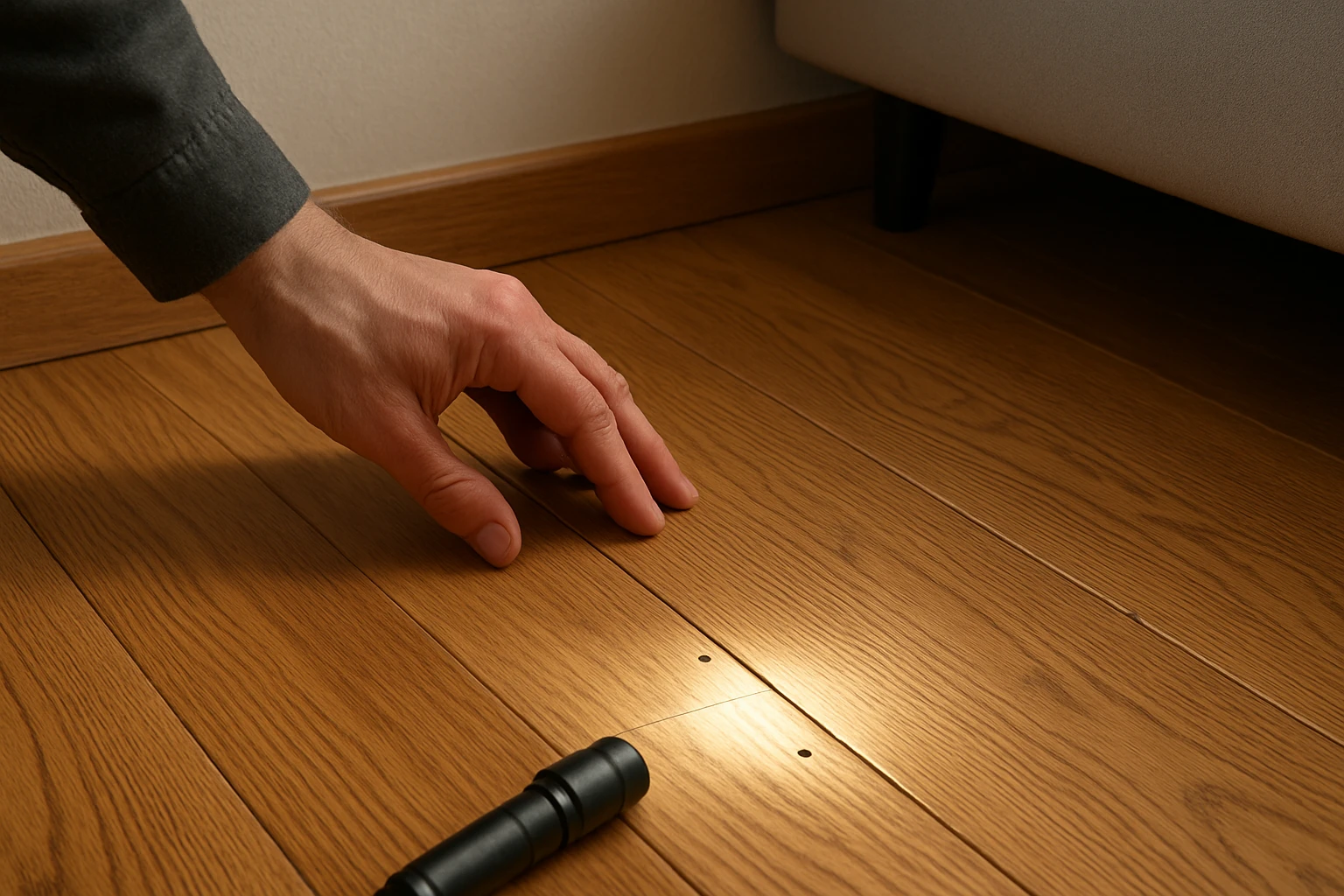 Homeowner inspecting a hardwood floor seam with a small flashlight, hand near a plank gap and visible screw heads.