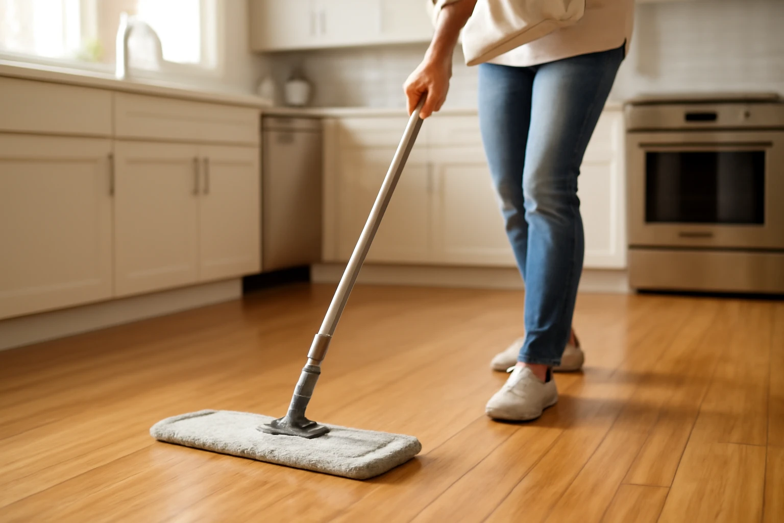 Homeowner mopping bamboo flooring with a slightly damp microfiber mop in a modern kitchen, showing minimal water and gentle s